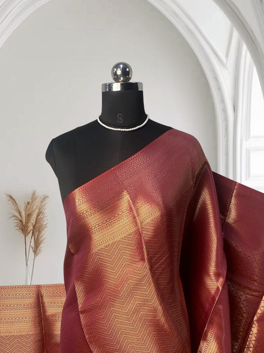 Anjali Wedding Special: Deep Maroon Silk Saree with Full Copper Zari Work Peach