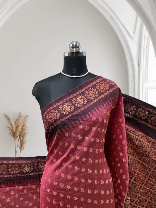 Rajani Floral Butta Cotton Saree Peach  (Dress Code)