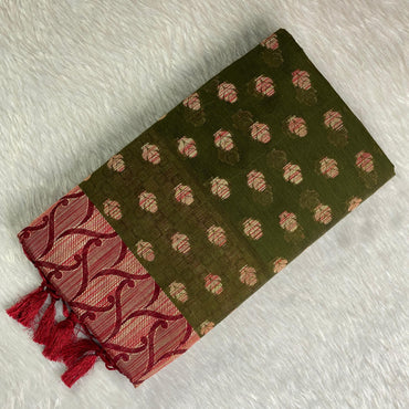 Rajani Floral Butta Cotton Saree Olive Green  (Dress Code)