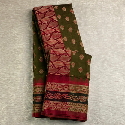 Rajani Floral Butta Cotton Saree Olive Green  (Dress Code)