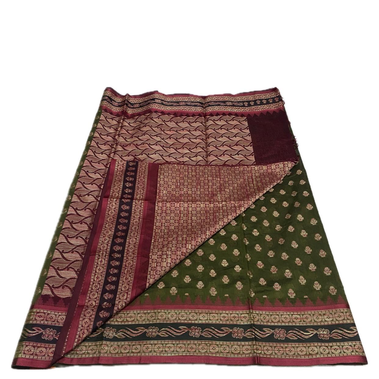 Rajani Floral Butta Cotton Saree Olive Green  (Dress Code)