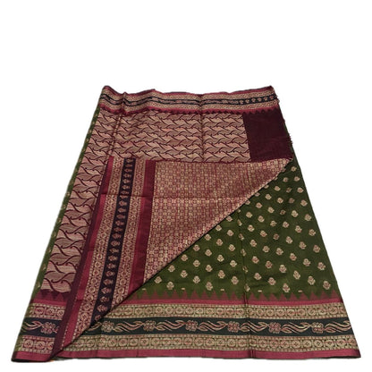 Rajani Floral Butta Cotton Saree Olive Green  (Dress Code)