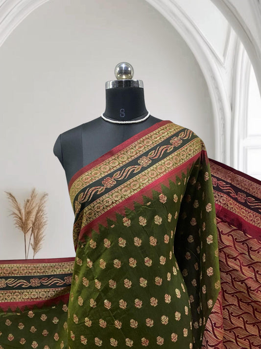 Rajani Floral Butta Cotton Saree Olive Green  (Dress Code)