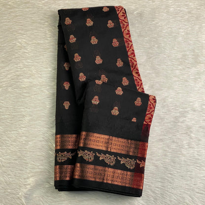 Rajani Floral Butta Cotton Saree Black  (Dress Code)