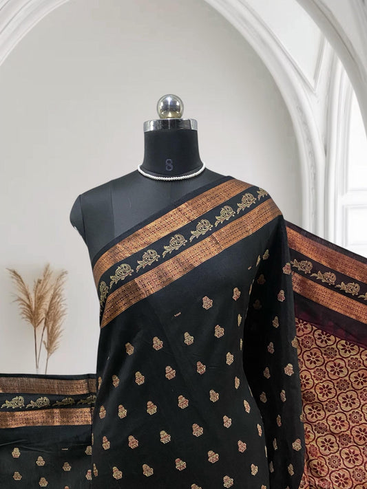 Rajani Floral Butta Cotton Saree Black  (Dress Code)