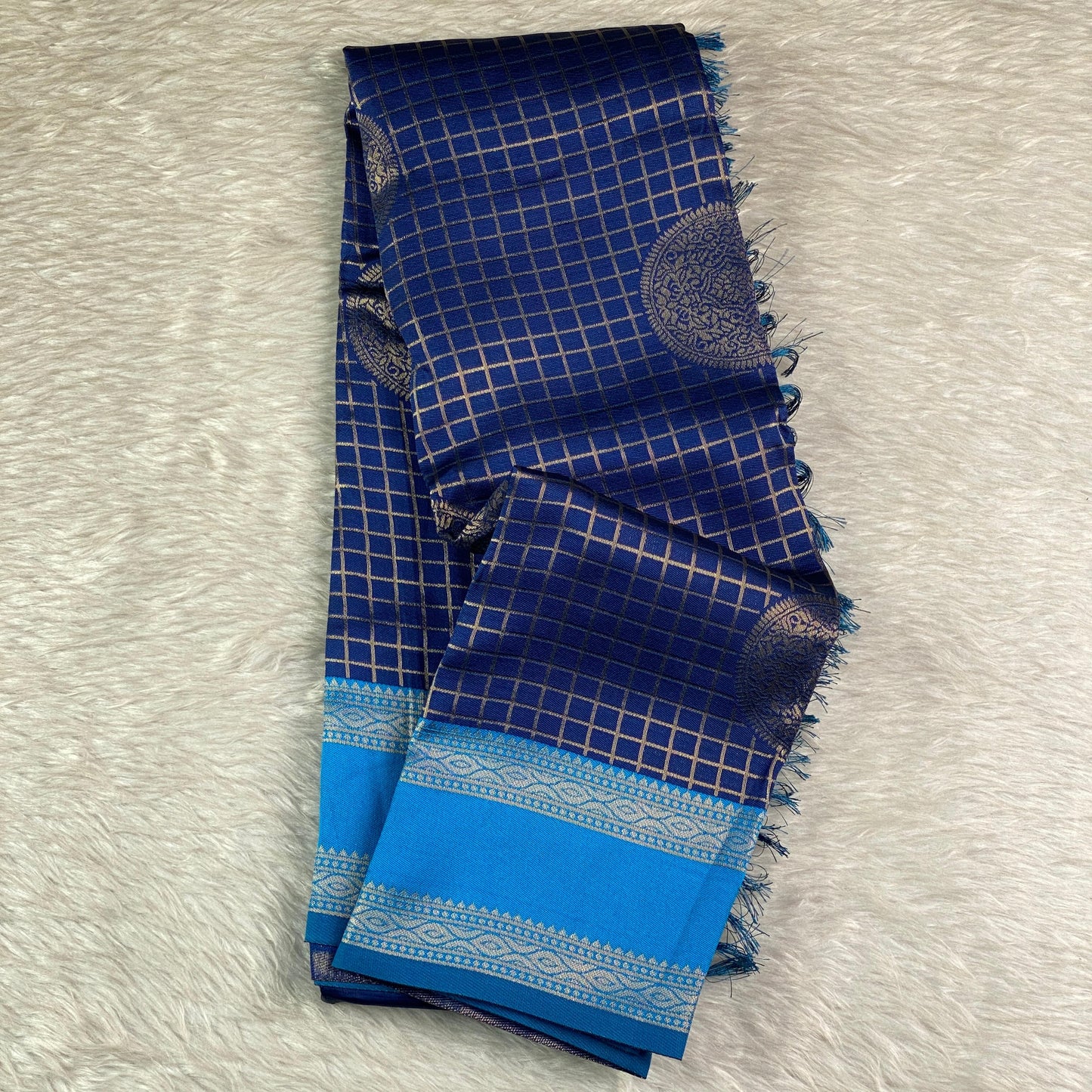 Thrithya Gaddu Silk Checks Saree Navy Blue