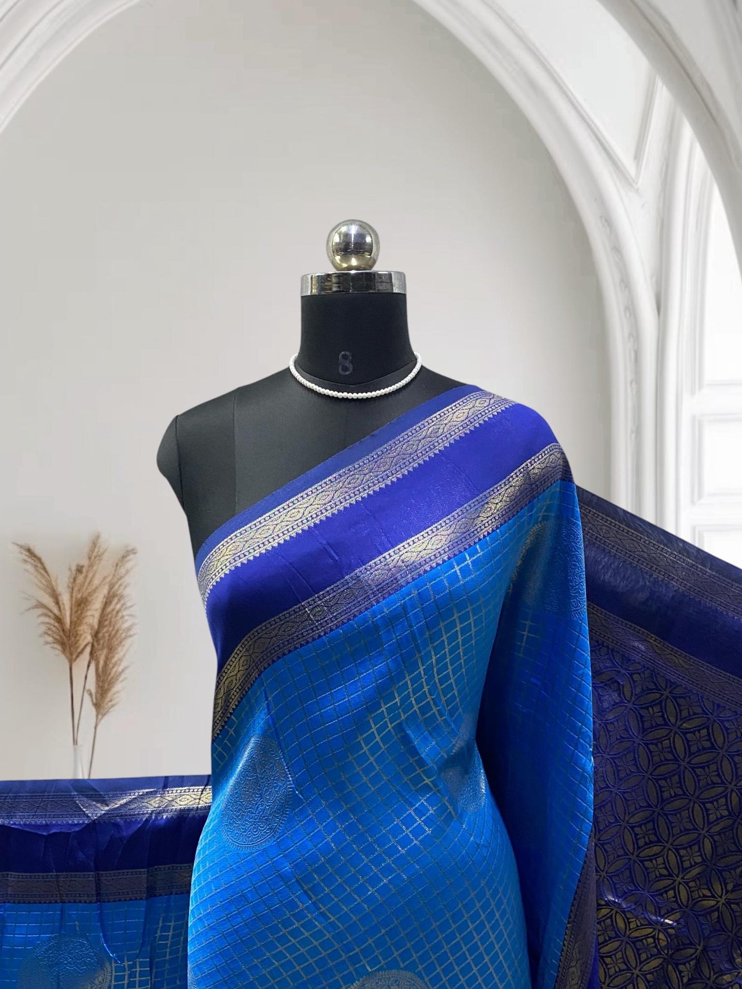 Thrithya Gaddu Silk Checks Saree Blue