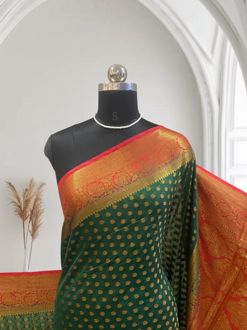 Aami Green Georgette Banarasi Butta Saree with Contrast Border