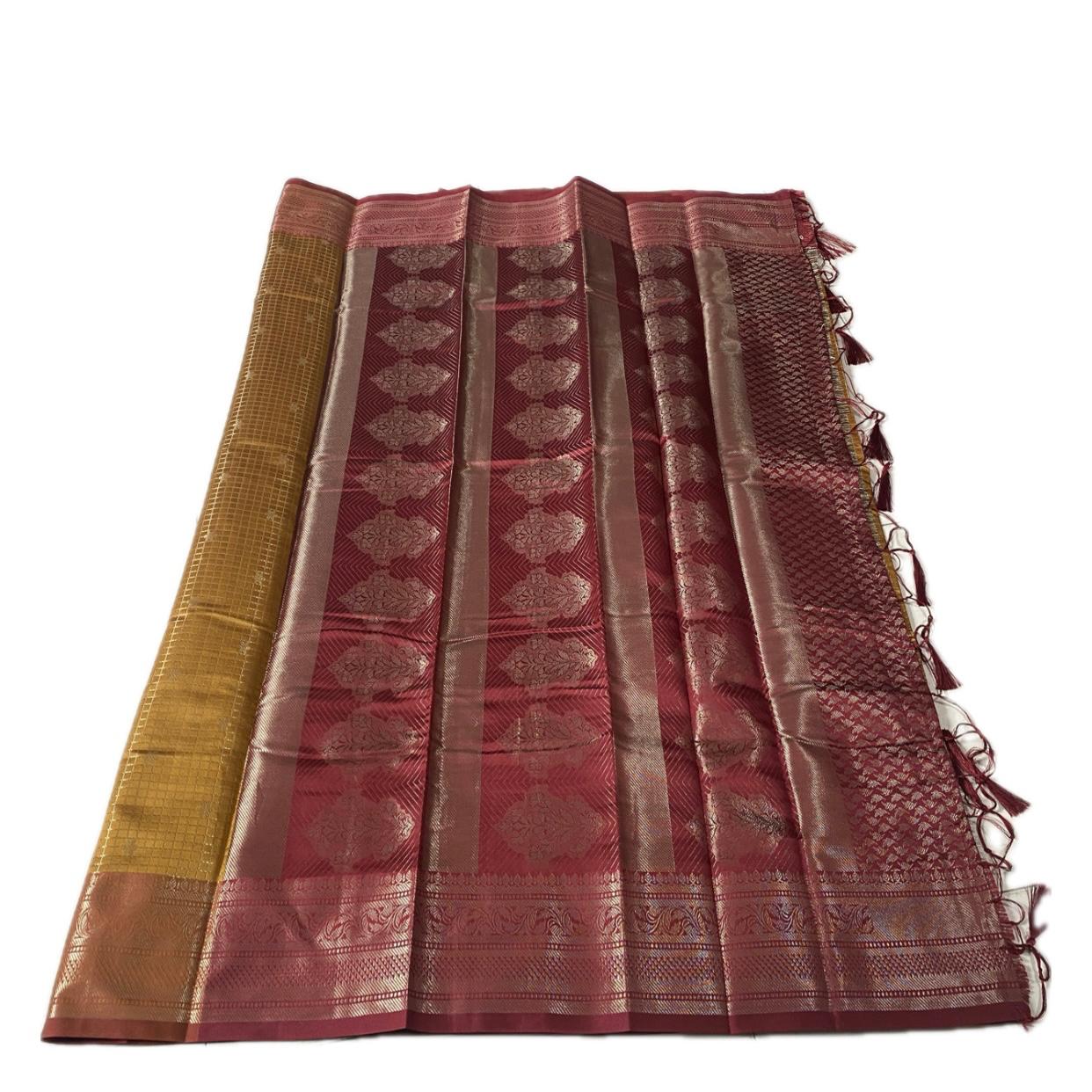 Anamika Semi Silk Checkered Saree in Yellow