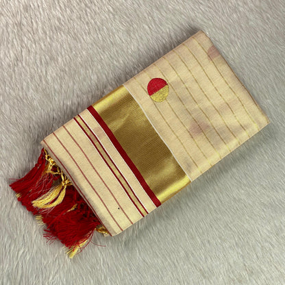 Shobana Uthradam Tissue Kerala Saree with Golden Lines and Butta work Red