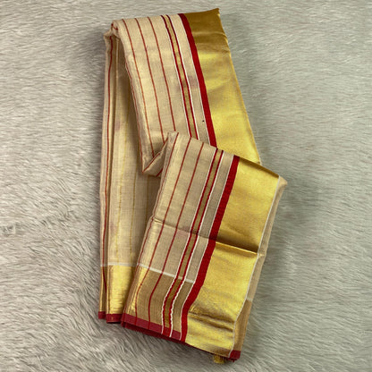 Shobana Uthradam Tissue Kerala Saree with Golden Lines and Butta work Red