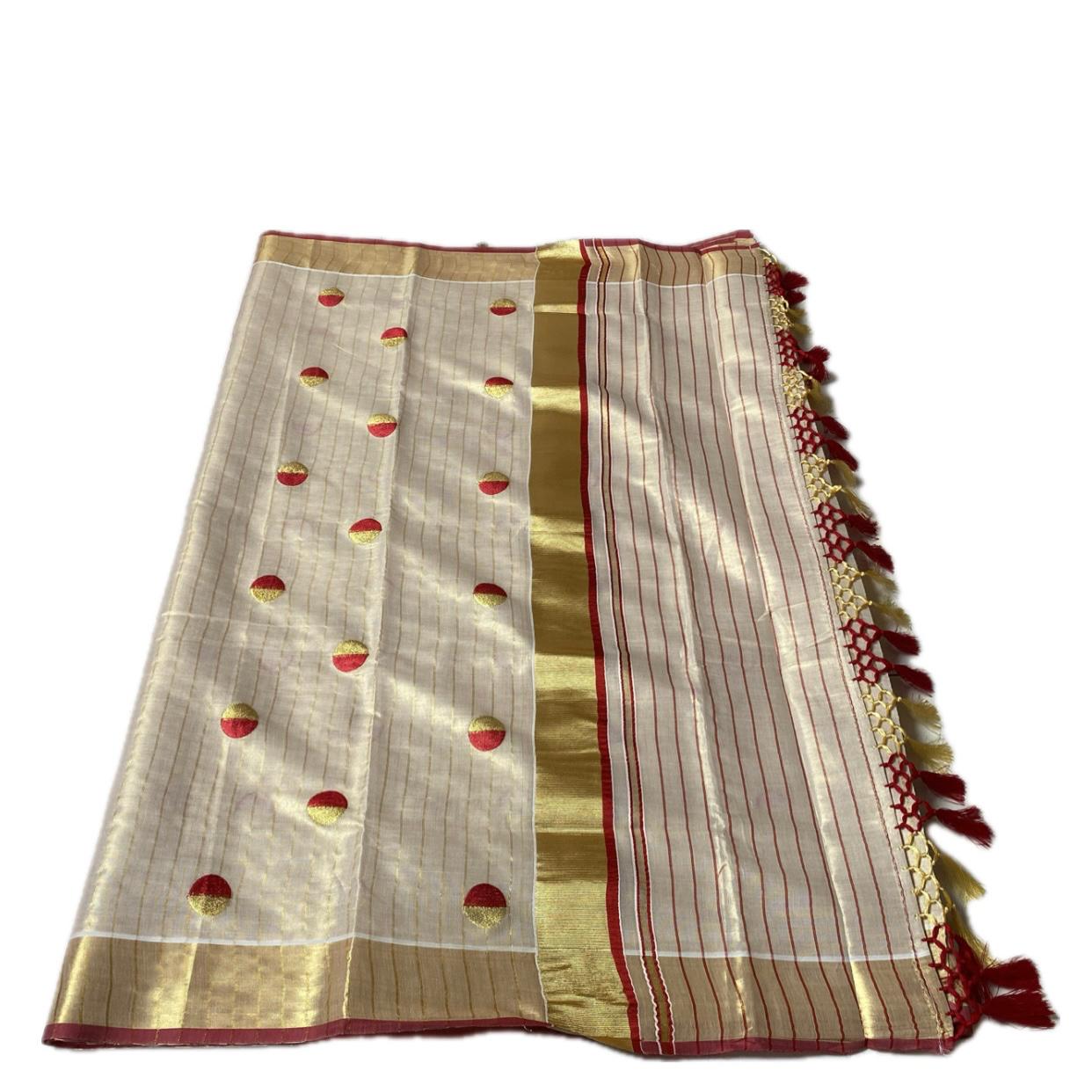 Shobana Uthradam Tissue Kerala Saree with Golden Lines and Butta work Red
