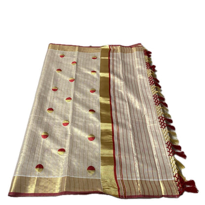 Shobana Uthradam Tissue Kerala Saree with Golden Lines and Butta work Red