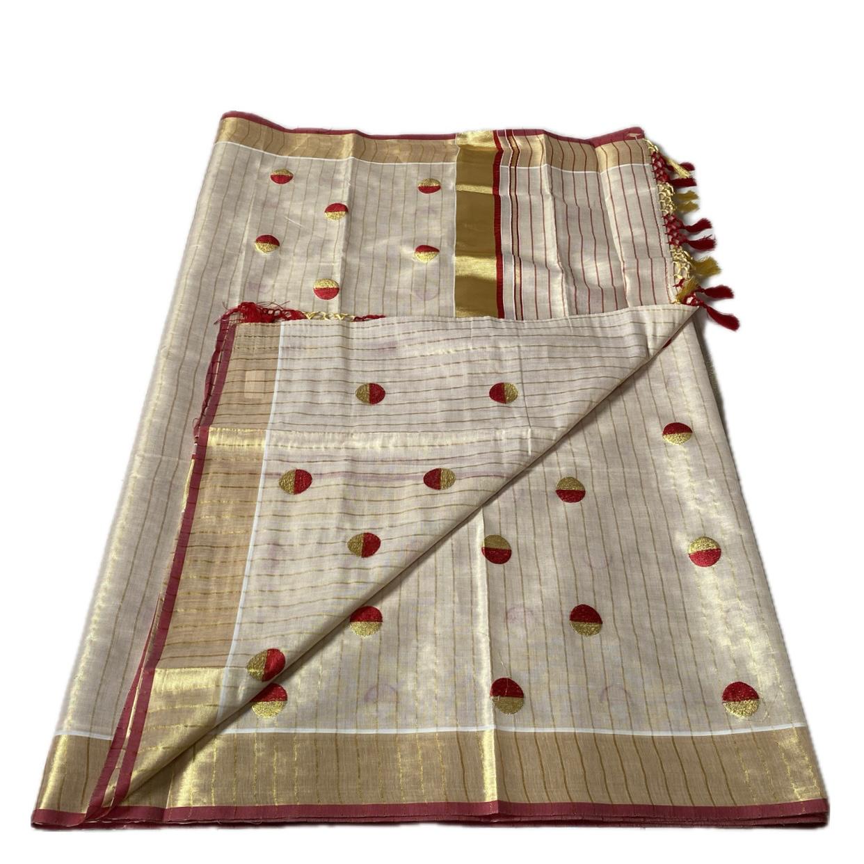 Shobana Uthradam Tissue Kerala Saree with Golden Lines and Butta work Red