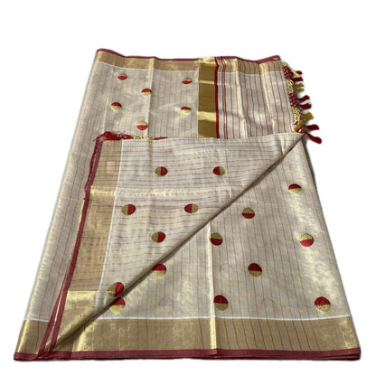 Shobana Uthradam Tissue Kerala Saree with Golden Lines and Butta work Red