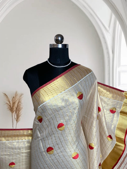 Shobana Uthradam Tissue Kerala Saree with Golden Lines and Butta work Red