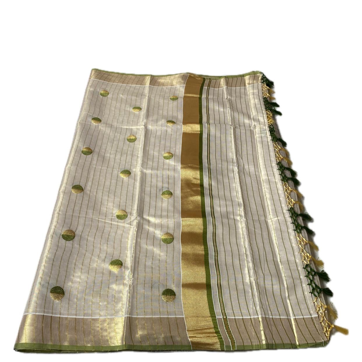 Shobana Uthradam Tissue Kerala Saree with Golden Lines and Butta work Green