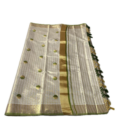 Shobana Uthradam Tissue Kerala Saree with Golden Lines and Butta work Green