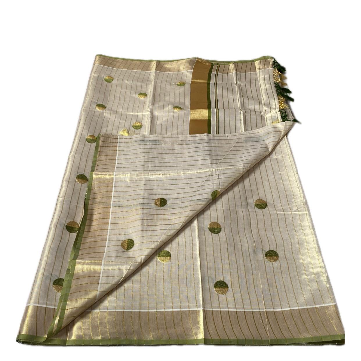 Shobana Uthradam Tissue Kerala Saree with Golden Lines and Butta work Green