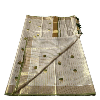 Shobana Uthradam Tissue Kerala Saree with Golden Lines and Butta work Green