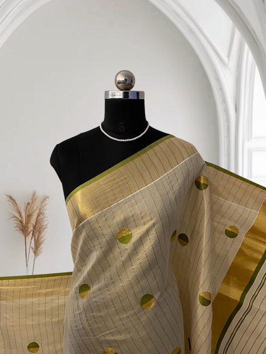 Shobana Uthradam Tissue Kerala Saree with Golden Lines and Butta work Green