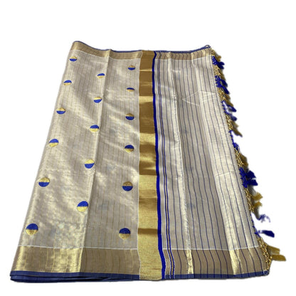 Shobana Uthradam Tissue Kerala Saree with Golden Lines and Butta work Green