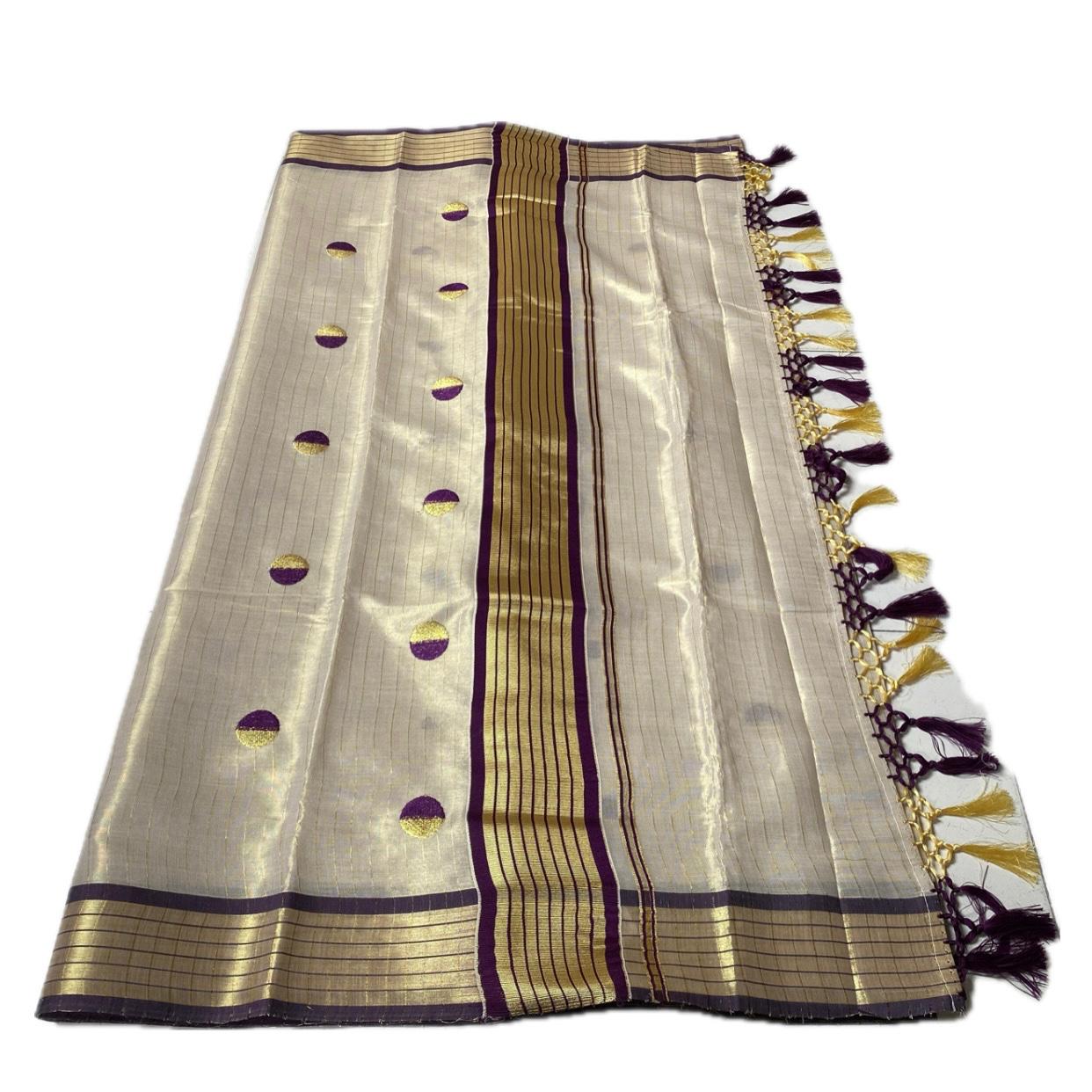Shobana Uthradam Tissue Kerala Saree with Golden Lines and Butta work Purple