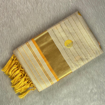 Shobana Uthradam Tissue Kerala Saree with Golden Lines and Butta work Yellow