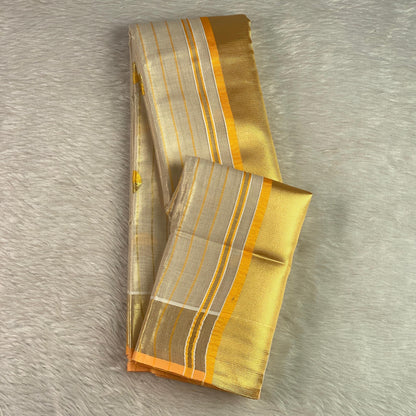 Shobana Uthradam Tissue Kerala Saree with Golden Lines and Butta work Yellow