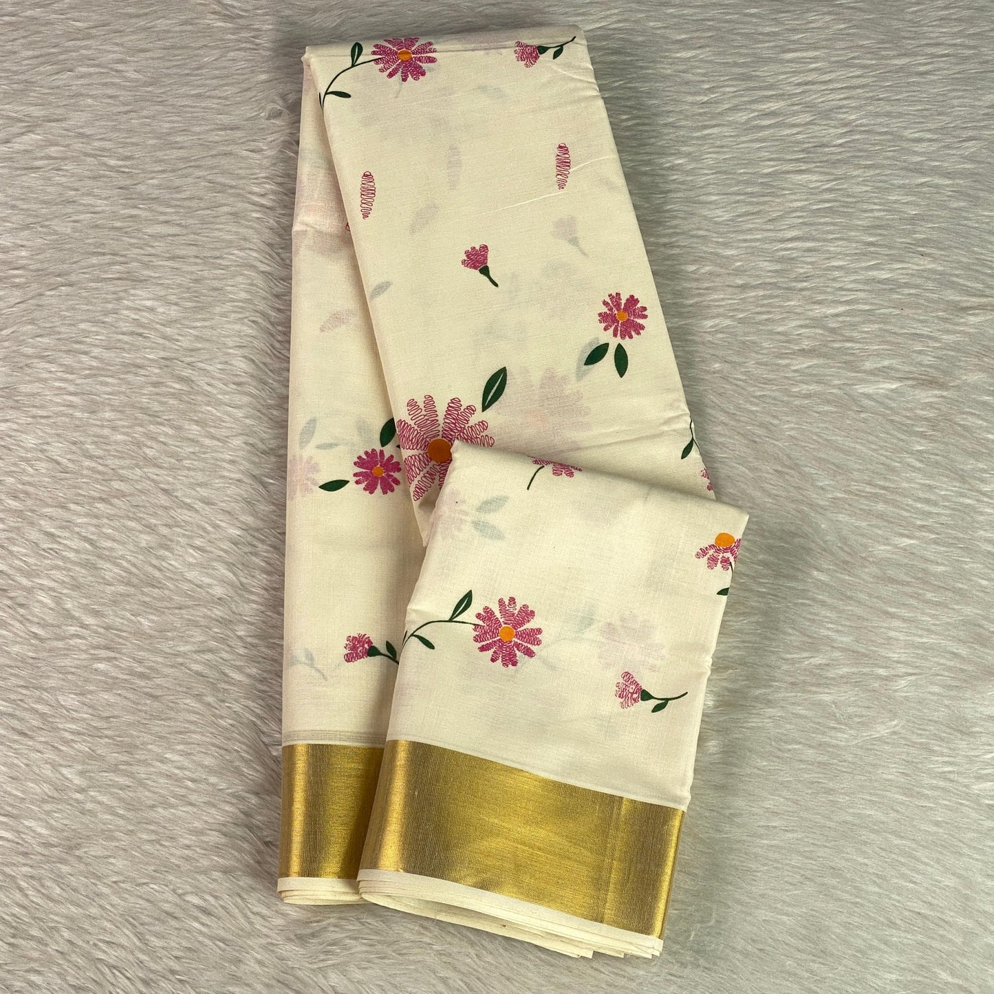 Radhika Pink Floral Cotton Kasavu Saree