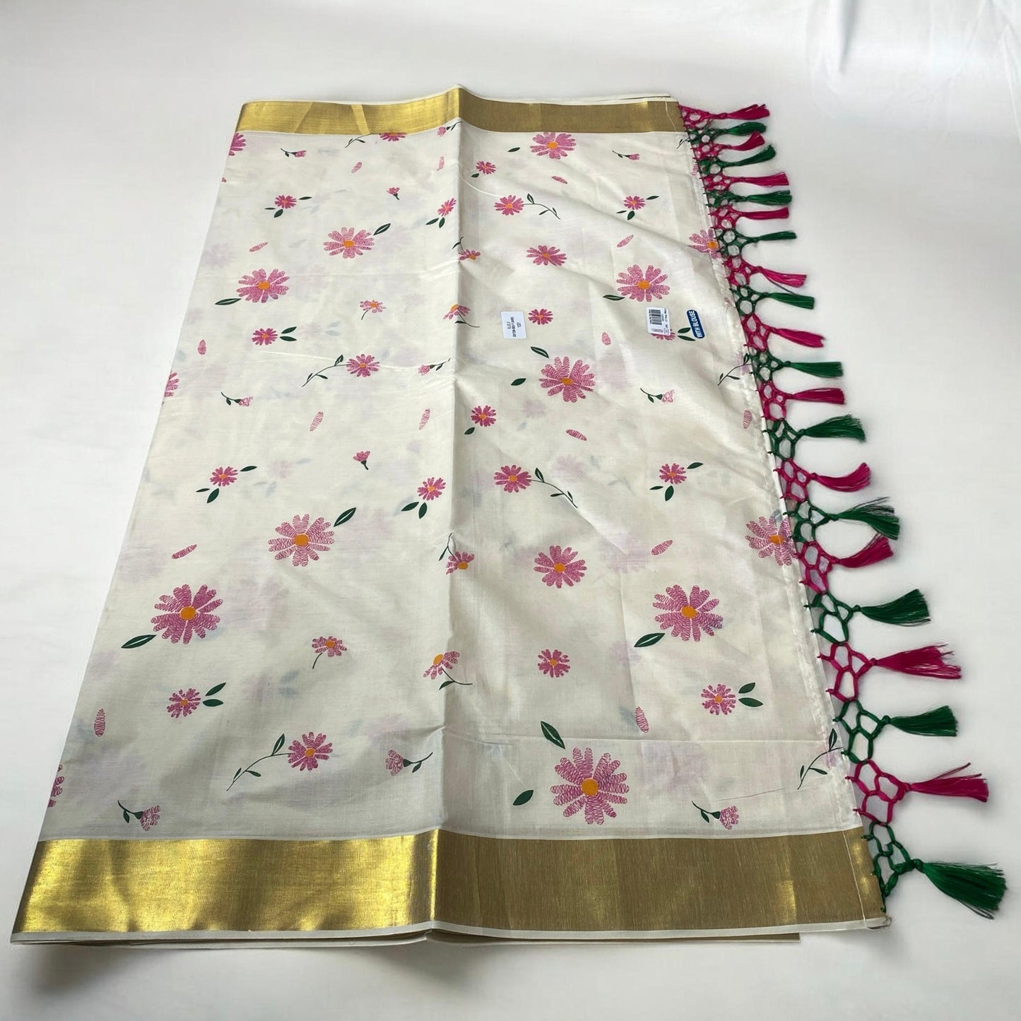 Radhika Pink Floral Cotton Kasavu Saree