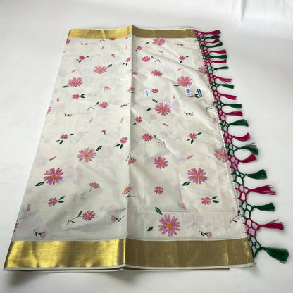 Radhika Pink Floral Cotton Kasavu Saree