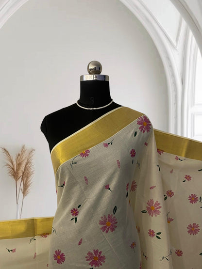 Radhika Pink Floral Cotton Kasavu Saree