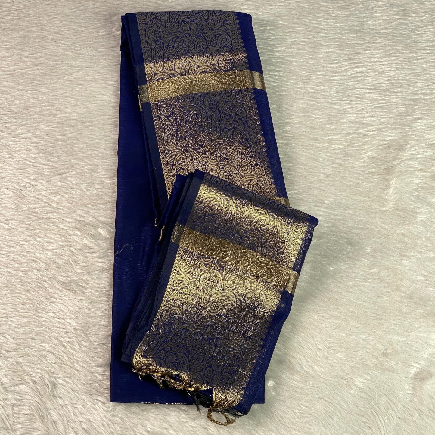 Jaani Blue Semi Linen Saree with Golden Kasavu Border