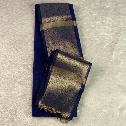 Jaani Blue Semi Linen Saree with Golden Kasavu Border