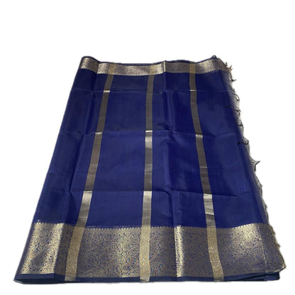 Jaani Blue Semi Linen Saree with Golden Kasavu Border