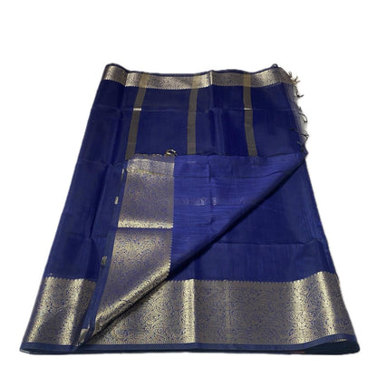 Jaani Blue Semi Linen Saree with Golden Kasavu Border