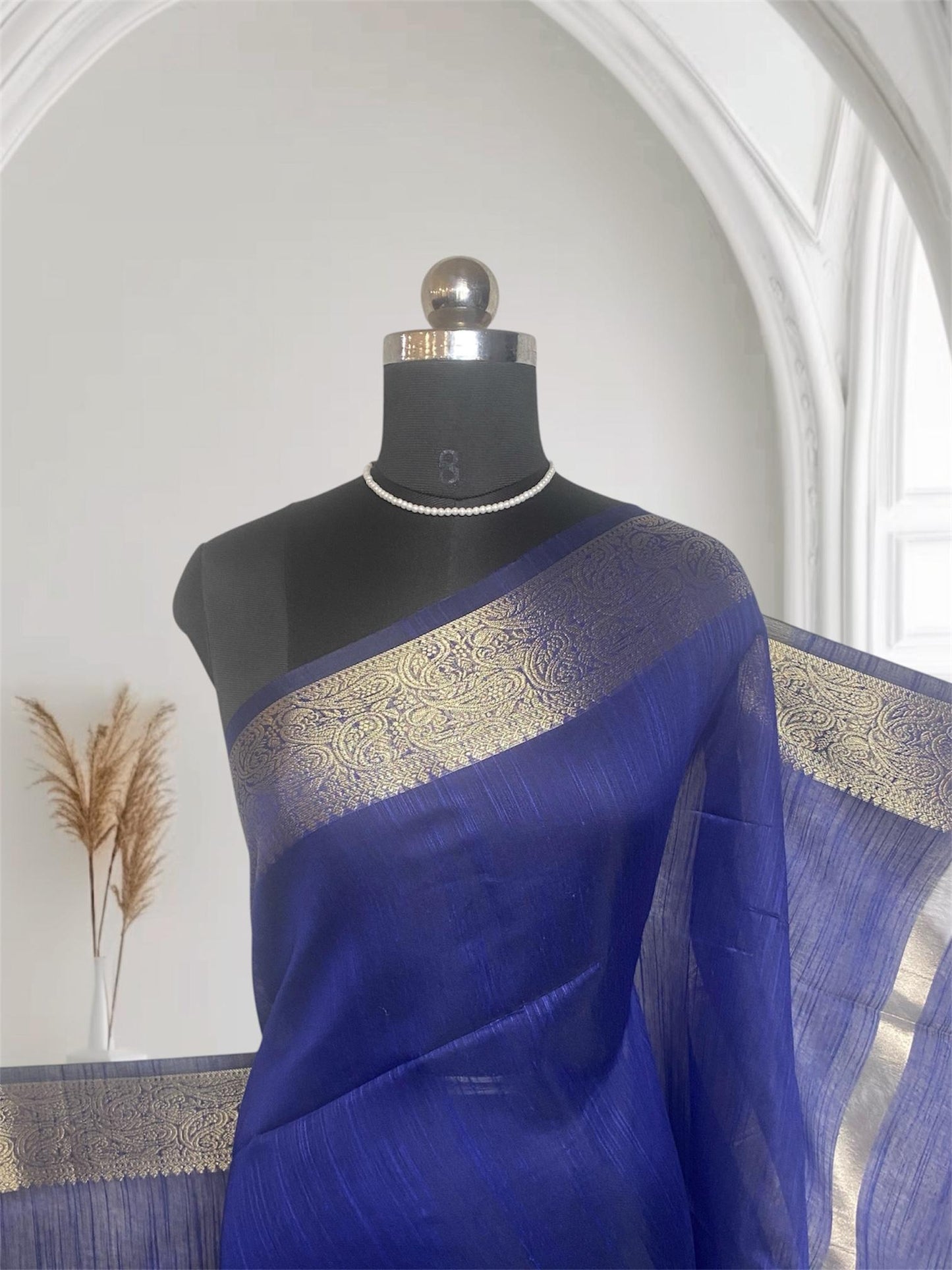 Jaani Blue Semi Linen Saree with Golden Kasavu Border