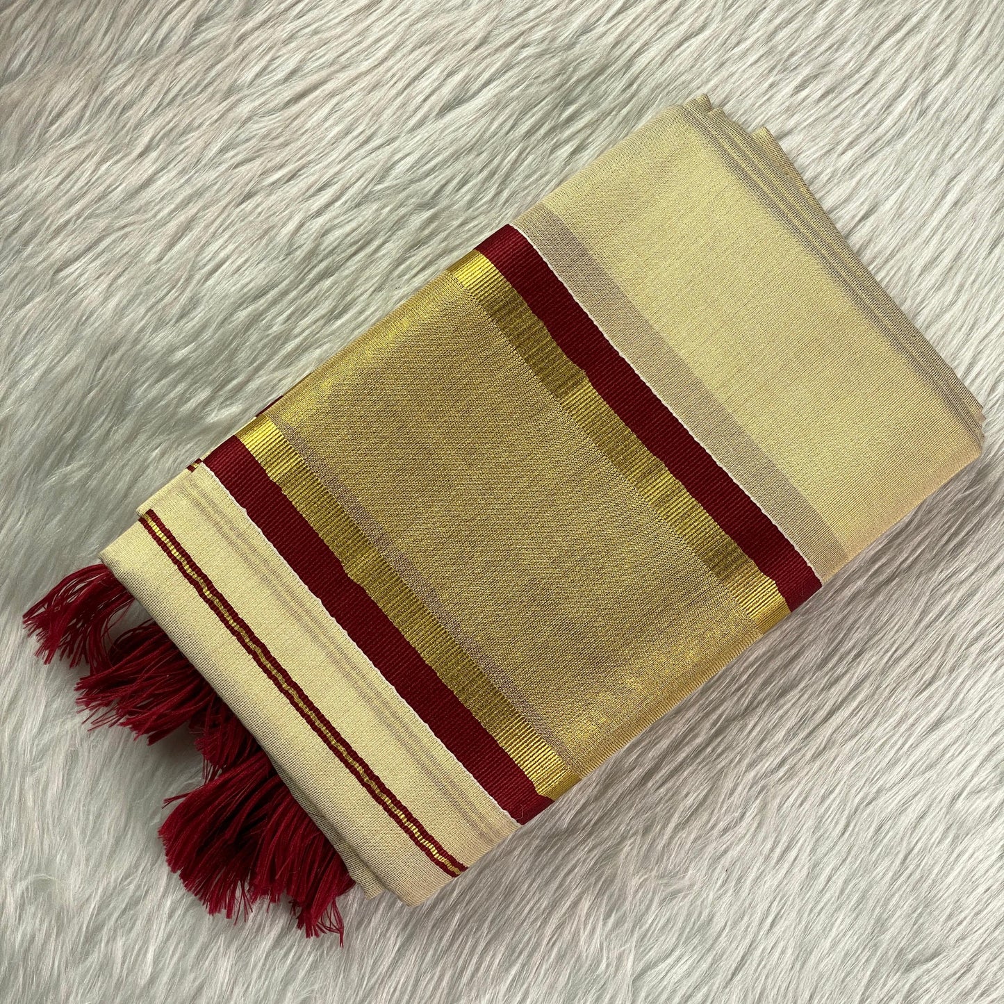 Thiruvathira Golden Set Mund with Maroon Border
