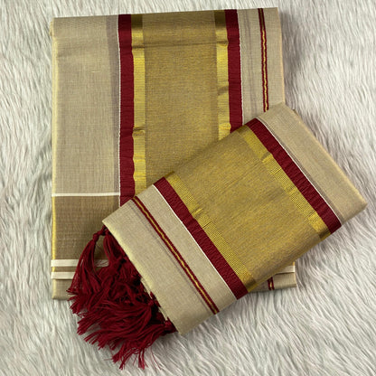 Thiruvathira Golden Set Mund with Maroon Border