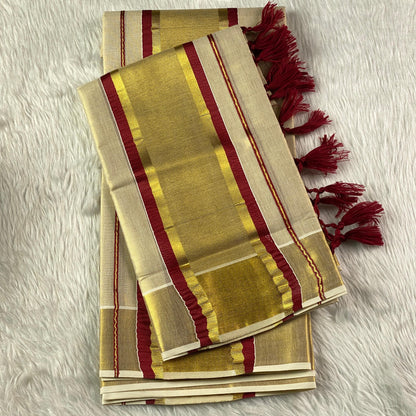 Thiruvathira Golden Set Mund with Maroon Border
