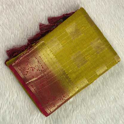 Meenakshi Olive Green Banarasi Saree with Golden Square Design
