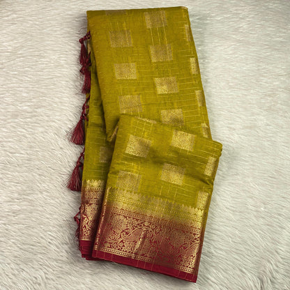 Meenakshi Olive Green Banarasi Saree with Golden Square Design