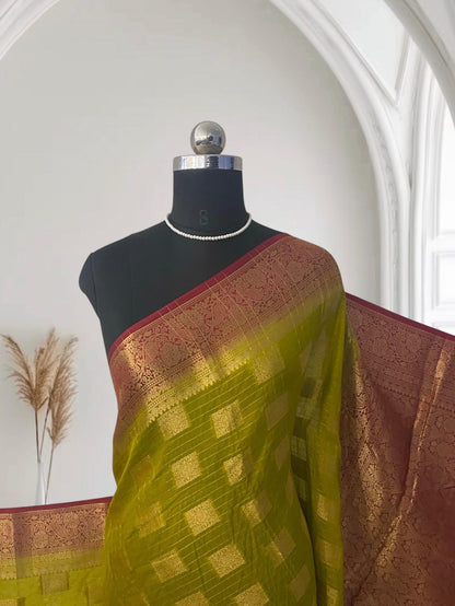Meenakshi Olive Green Banarasi Saree with Golden Square Design