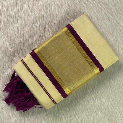 Thiruvathira Golden Set Mund with Purple Border