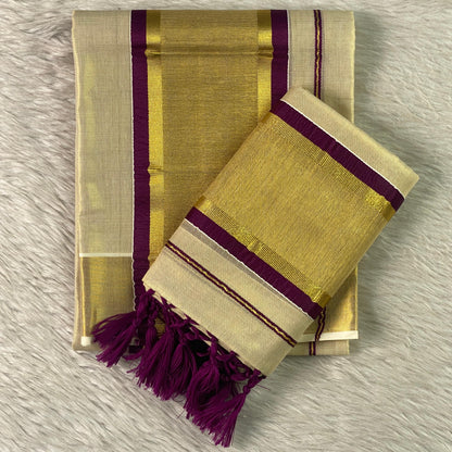 Thiruvathira Golden Set Mund with Purple Border