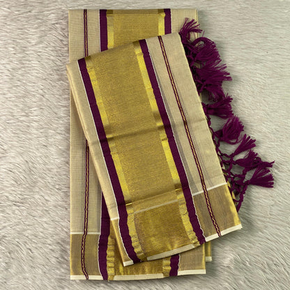 Thiruvathira Golden Set Mund with Purple Border