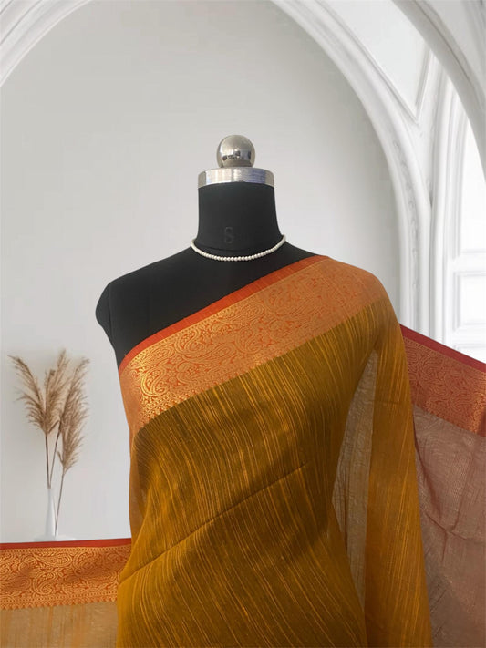 Janvi Semi Linen Saree with Kasavu Border Mustard
