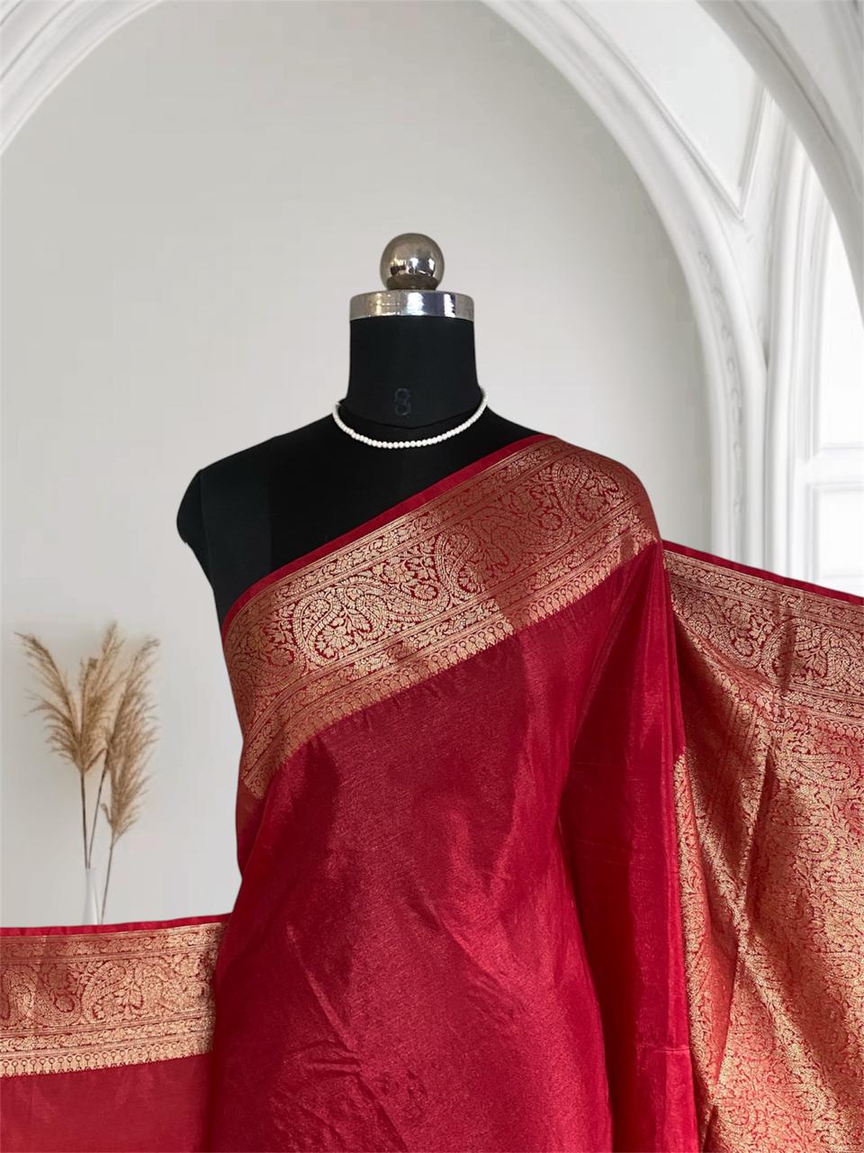 Devasena Banarasi Silk Saree – Red with Golden Border