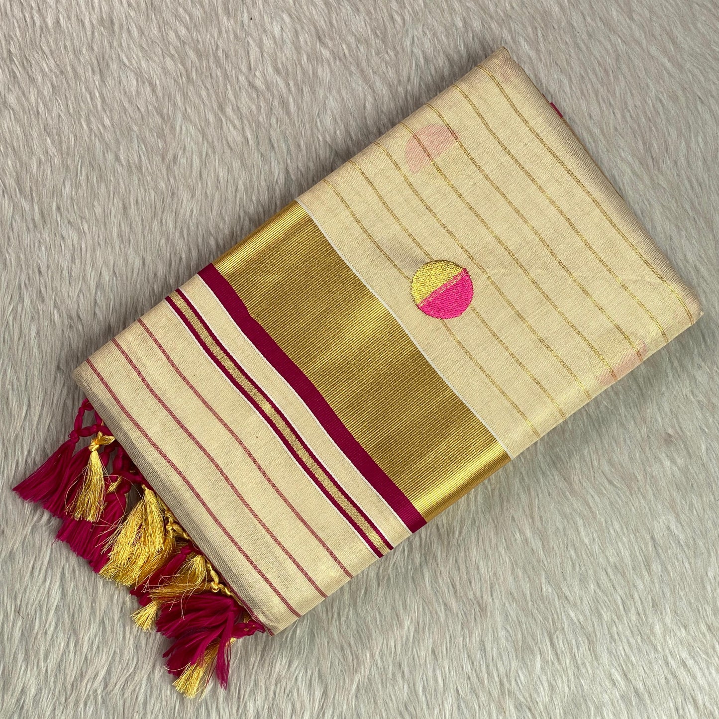 Shobana Uthradam Tissue Kerala Saree with Golden Lines and Butta work Pink